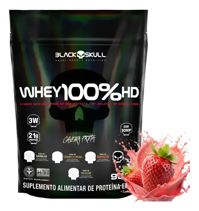 Whey 100% HD Black Skull 3W refil 900g sabor morango com 21g de proteína por dose